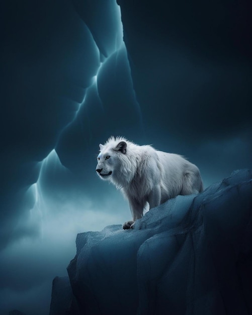 Un leone bianco è seduto su una roccia sotto un cielo scuro.