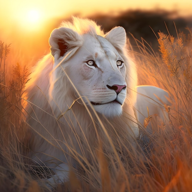 Un leone bianco giace nell'erba alta con il sole che splende su di esso.