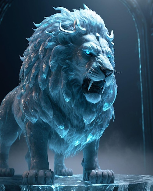 Un leone blu con una criniera blu