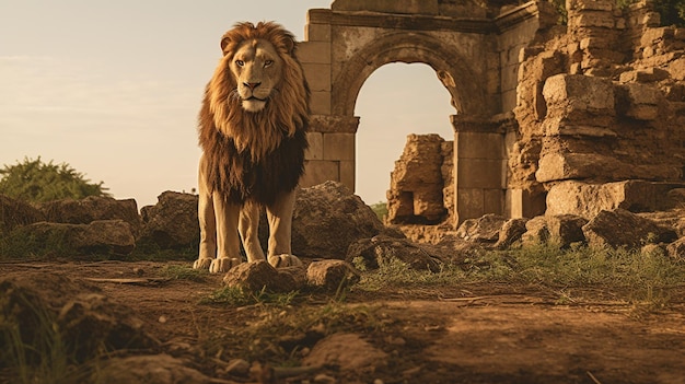 un leone cammina graziosamente tra i resti di un'antica civiltà la giustapposizione del leone regale contro le pietre invecchiate evoca un profondo senso di storia e atemporalità