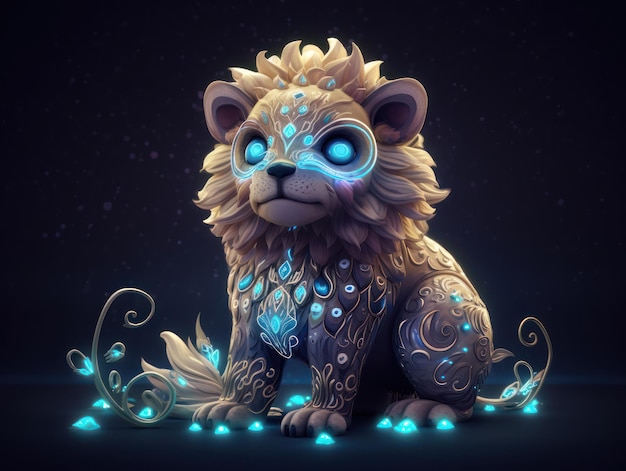 Un leone cartone animato con gli occhi azzurri si siede su uno sfondo scuro.