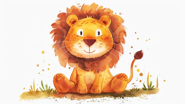 Un leone cartoon carino seduto a terra Il leone ha un'espressione amichevole sul suo viso e sta guardando lo spettatore