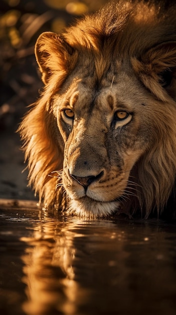 Un leone che beve acqua da uno stagno