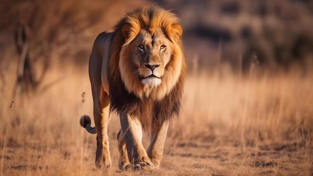 Un leone che cammina attraverso l'erba Fotografia naturalistica