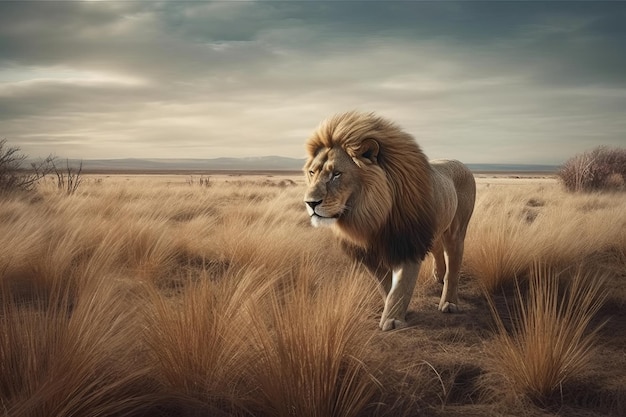 Un leone che cammina in un campo con un cielo nuvoloso