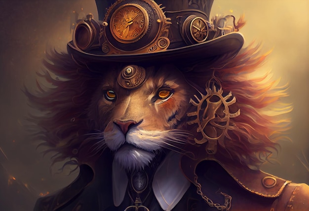 Un leone che indossa un cappello a cilindro e un orologio in stile steampunk
