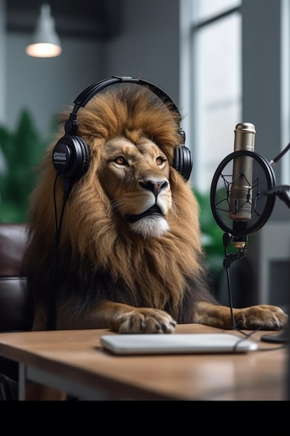 Un leone che partecipa a un podcast