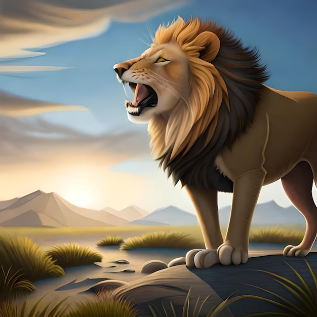 Un leone che ruggisce al vento con raffinati dettagli della sua criniera al vento