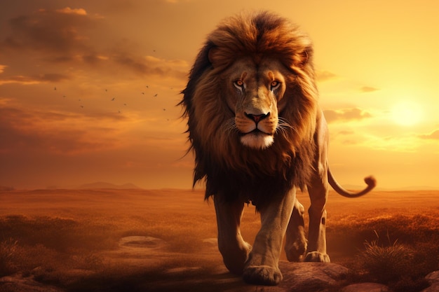 Un leone che si aggira nella savana mentre il sole tramonta in lontananza