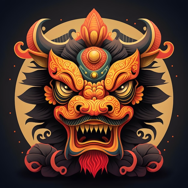 Un leone cinese con un simbolo cinese sulla faccia