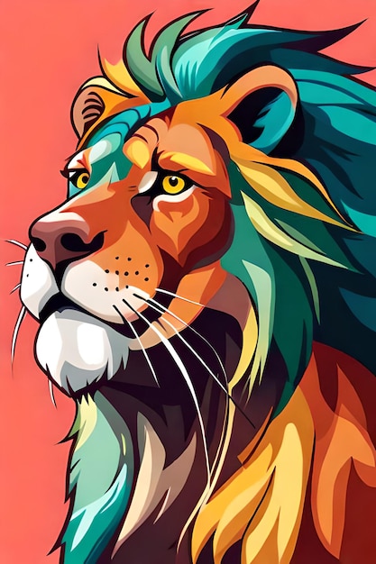 Un leone colorato con una criniera gialla e occhi azzurri.