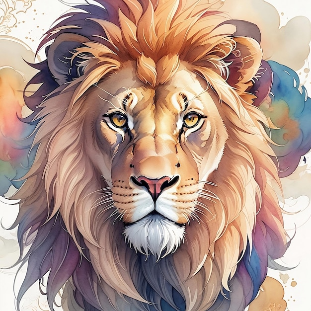 un leone con i capelli colorati è mostrato in questo dipinto ad acquerello