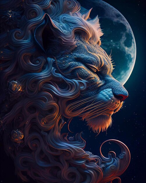 Un leone con la criniera blu e la luna sul dorso