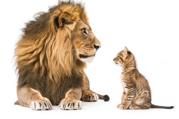 un leone con tutto il corpo che guarda un piccolo gattino isolato su uno sfondo bianco