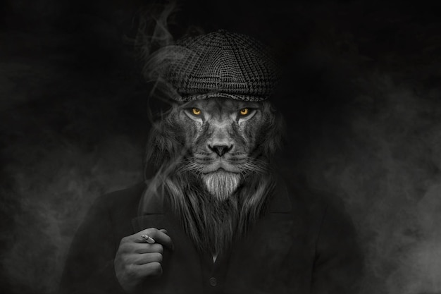 Un leone con un cappello e un cappello sta fumando una sigaretta.