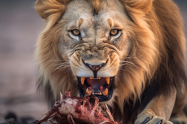 Un leone con una carcassa di carne