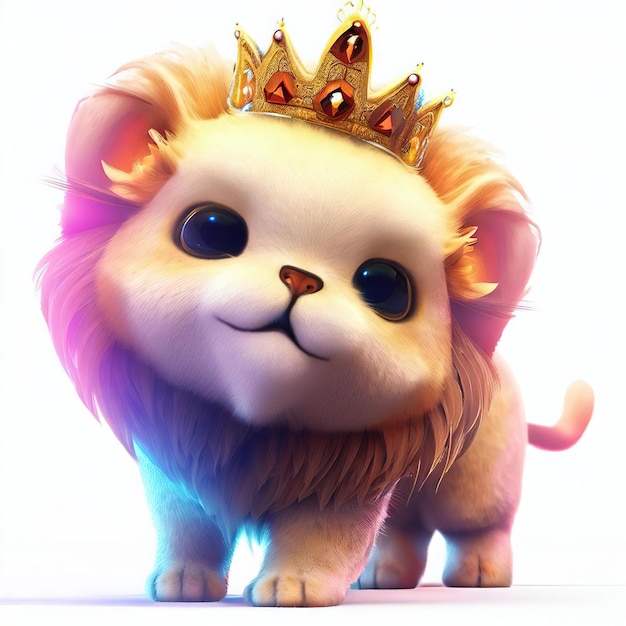 Un leone con una corona in testa è in piedi su uno sfondo bianco.