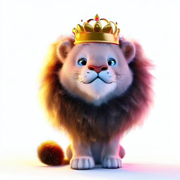 Un leone con una corona in testa è seduto su uno sfondo bianco.