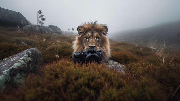 Un leone con una macchina fotografica in un campo