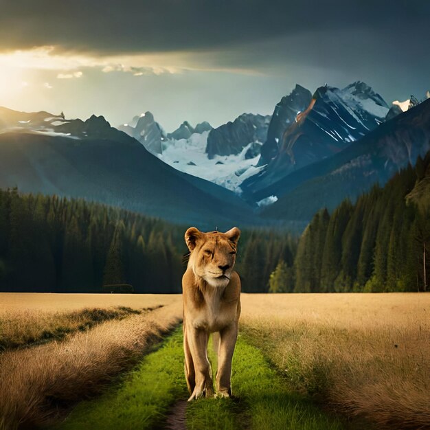 Un leone con una zanna arancione si trova in un campo con montagne sullo sfondo