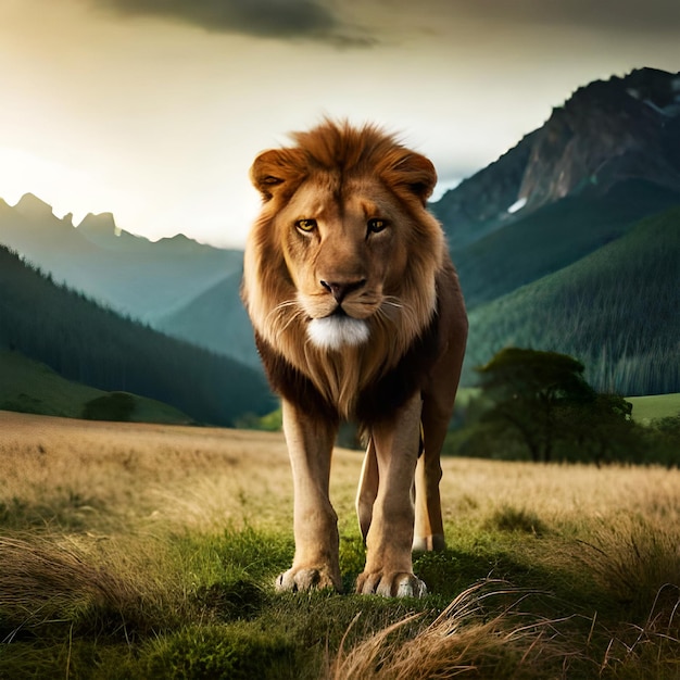 Un leone con una zanna bianca si trova in un campo con montagne sullo sfondo