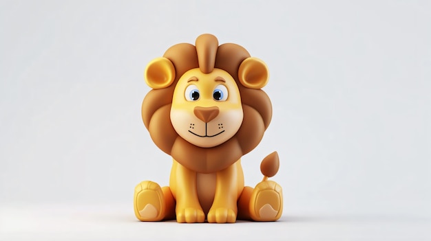 Un leone dei cartoni animati carino e amichevole seduto e che guarda la telecamera con un'espressione felice Il leone ha una criniera marrone dorato e grandi occhi blu