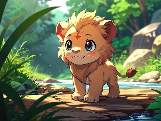 un leone dei cartoni animati con una criniera e un cespuglio sullo sfondo