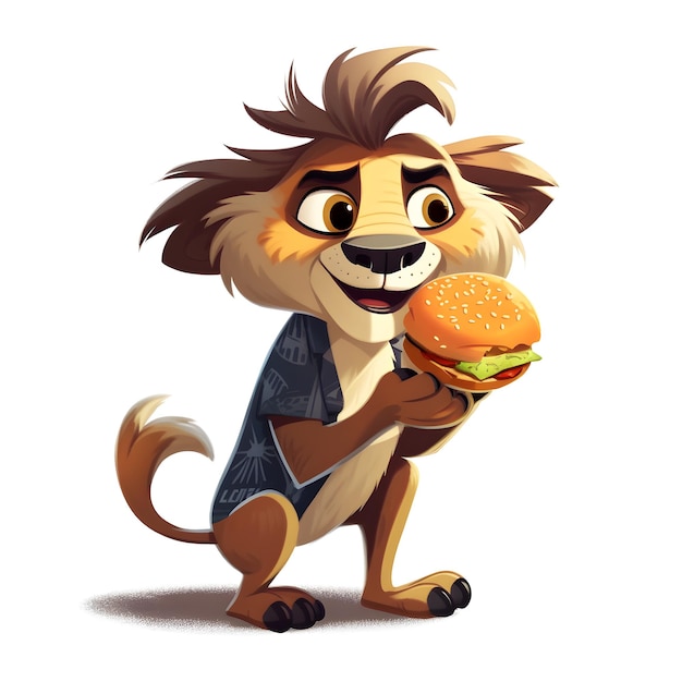 Un leone dei cartoni animati sta mangiando un hamburger e indossa una maglietta blu.