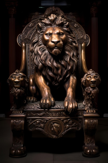 Un leone di bronzo siede su un trono