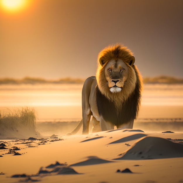 Un leone è in piedi nella sabbia e il sole sta tramontando.