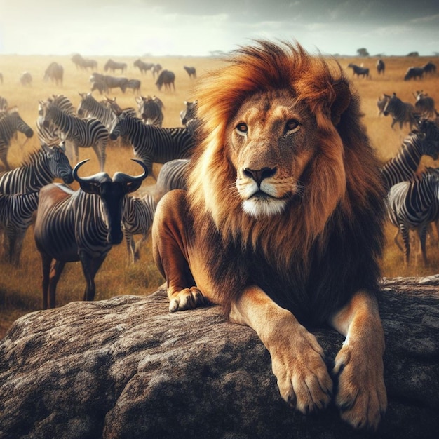 Un leone forte e sicuro su una collina