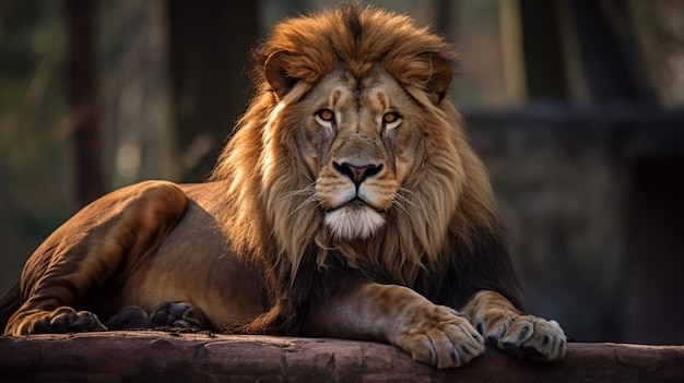 Un leone giace su una roccia in uno zoo