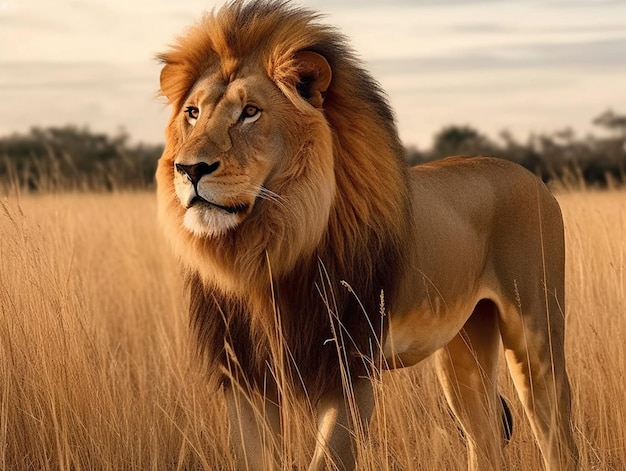 Un leone in un campo di erba alta