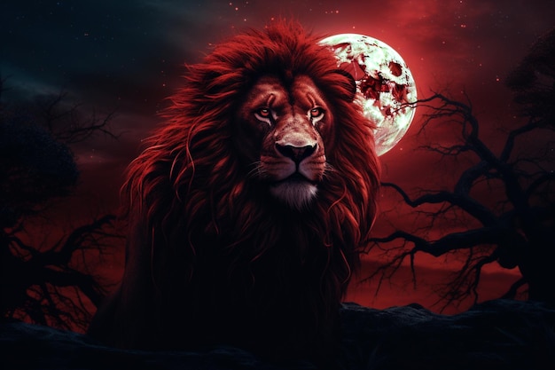 un leone in una scena scura rossa con la luna sullo sfondo