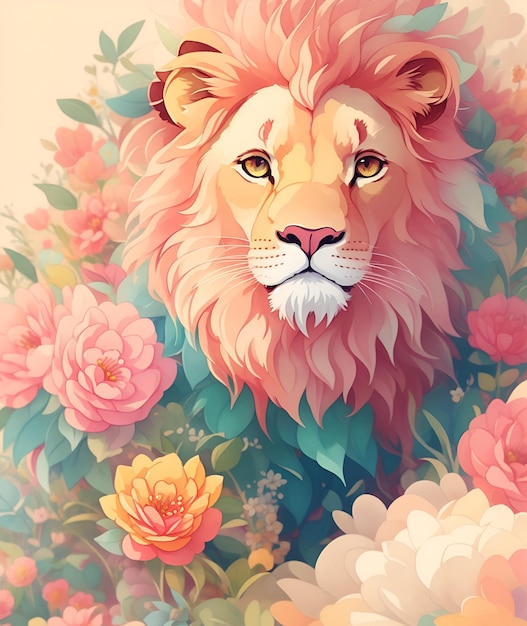 Un leone in uno sfondo fiorito