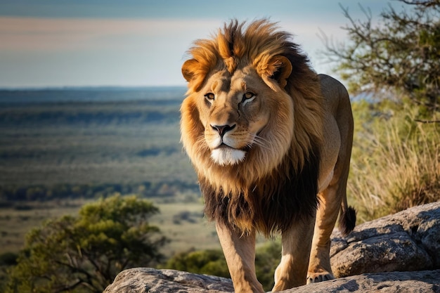 Un leone maestoso in piedi su una scogliera rocciosa che domina la savana
