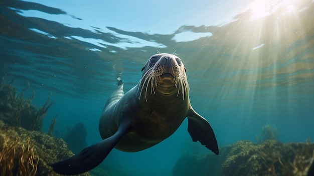 Un leone marino che nuota sott'acqua Una bellissima foca leone marina che si gode i raggi del sole