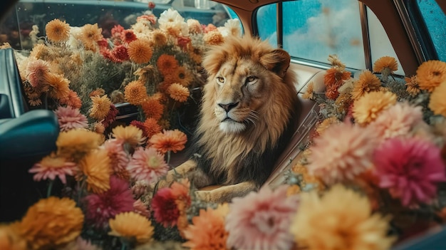 Un leone siede in un'auto piena di fiori.