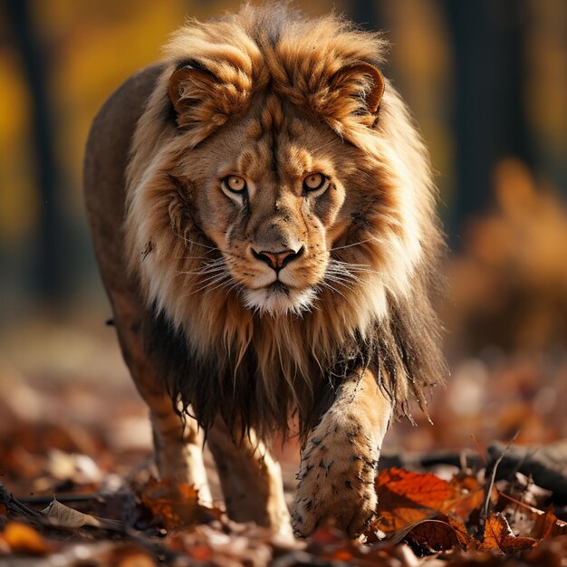 un leone sta camminando tra le foglie e il leone sta guardando la telecamera