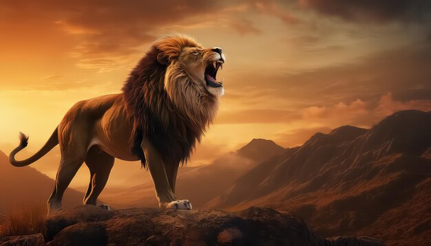 Un leone su una montagna ruggisce al tramonto