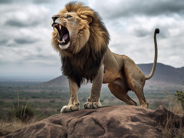 Un leone su una roccia con sopra la parola leone