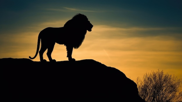 Un leone su una roccia contro un cielo al tramonto