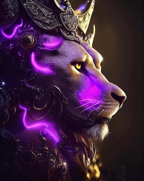 Un leone viola con luci viola su di esso