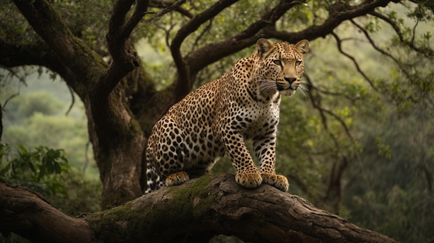 Un leopardo africano appollaiato in cima a un albero nodoso, il suo sguardo spaziava nella fitta giungla sottostante