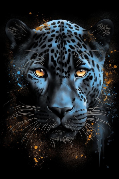 Un leopardo blu con gli occhi arancioni è mostrato su uno sfondo nero.