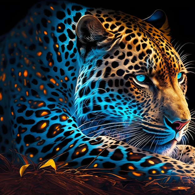 Un leopardo blu e giallo si posa su uno sfondo nero.