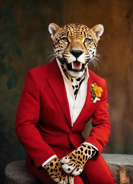 un leopardo che indossa un vestito rosso e un fiore giallo sul petto