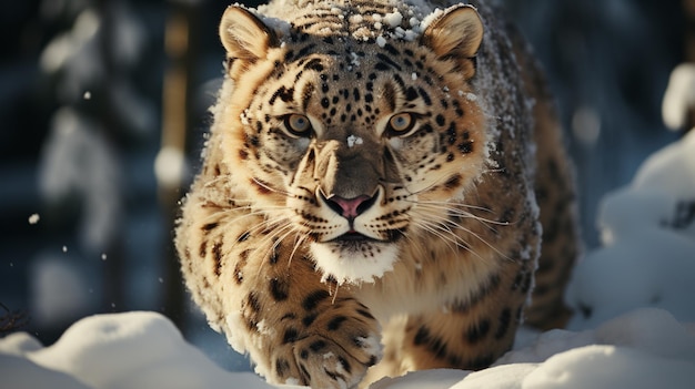 un leopardo che salta in aria in una foresta innevata