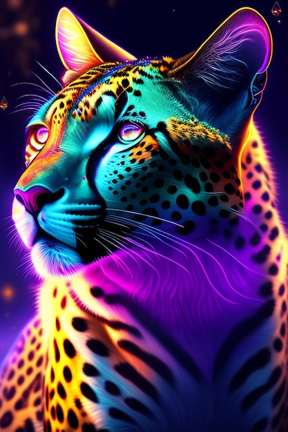 Un leopardo colorato con una faccia blu e occhi gialli
