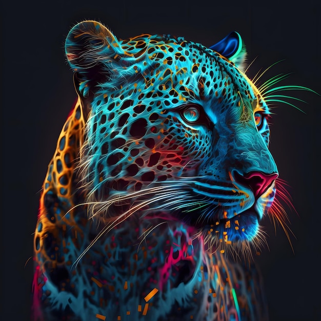 Un leopardo colorato con uno sfondo nero e uno sfondo nero.